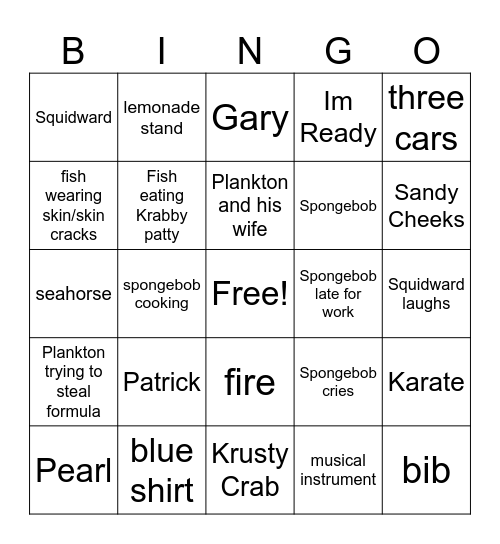 Spongebob Bingo Card