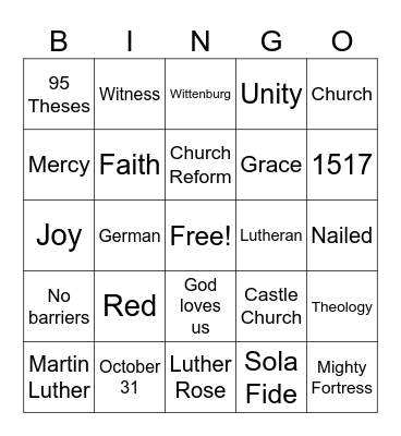 Reformation Sunday Bingo Card