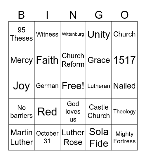 Reformation Sunday Bingo Card