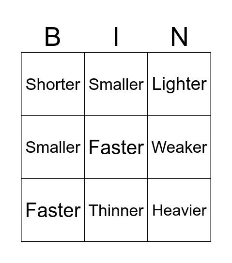 Comparative Adjectives Bingo Card