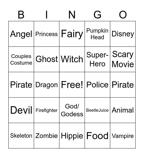 Halloween Costume BINGO Card