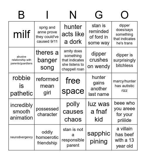 cartoon bingo Card