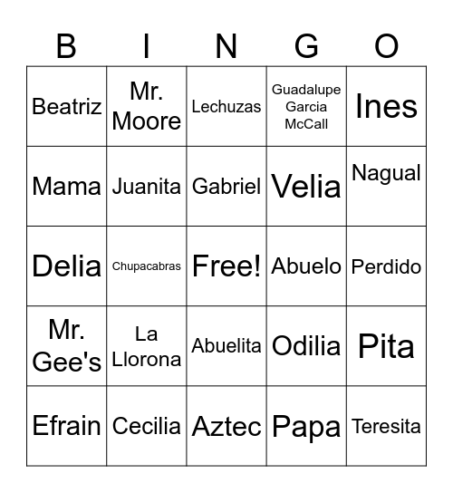 Summer of the Mariposas Characters and More Bingo Card