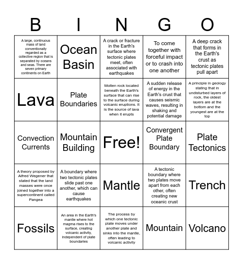 Plate Tectonics Bingo Card