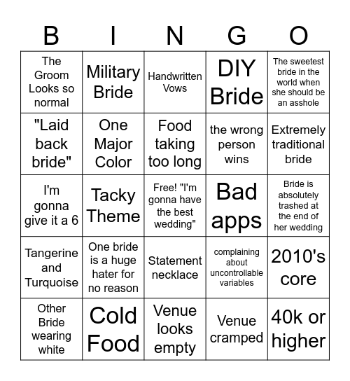 Four Weddings Bingo Card