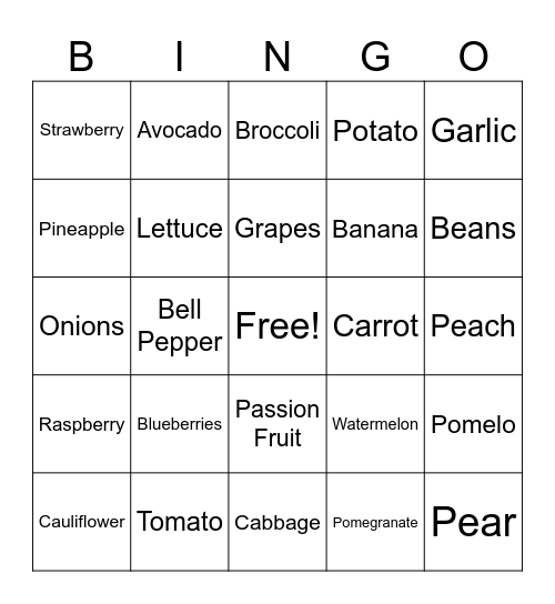 Veggie and Fruit Bingo Card