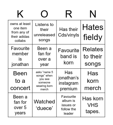 KORN BINGO Card