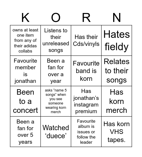 KORN BINGO Card