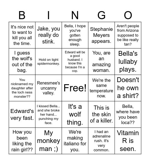 Twilight Bingo Card