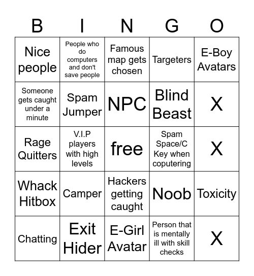 Flee The Facility Bingo Card