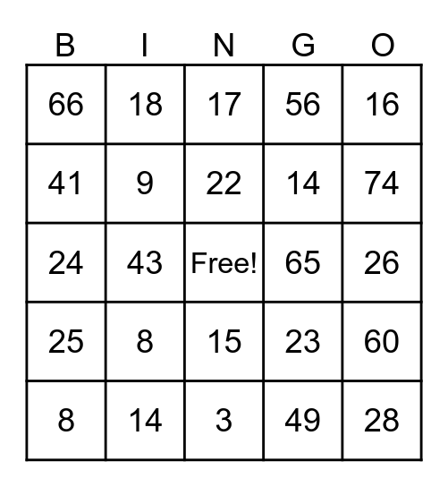 Straight Horizontal or Vertical Bingo Card