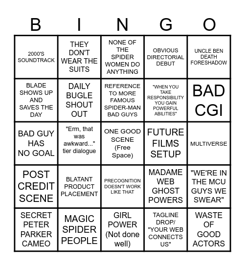 MADAME WEB Bingo Card