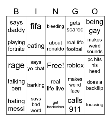 ishowspeed Bingo Card