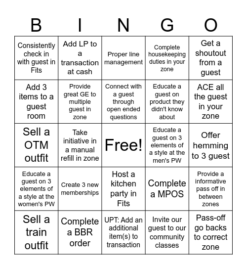 Zone Ownership Bingo Card