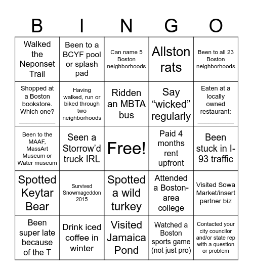 Bostonian Bingo Card