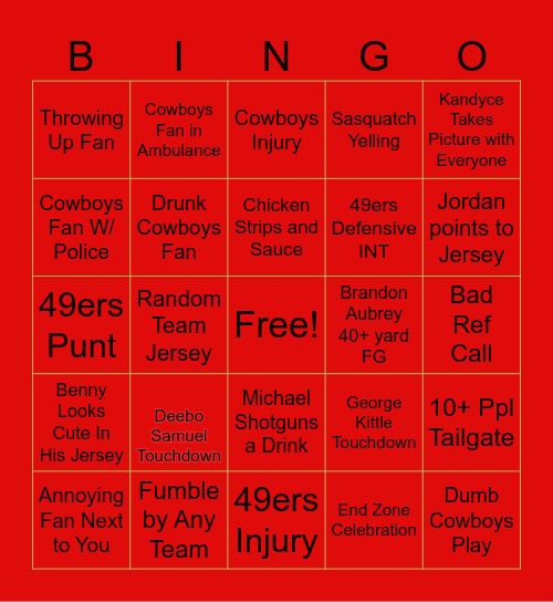 49ers vs. Cowboys Bingo Card