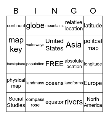 Map Skills Bingo Card