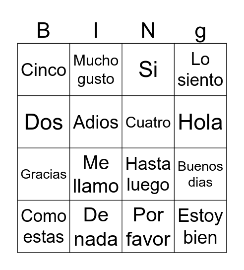 Spanish Bingo Card