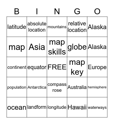 Map Skills Bingo Card