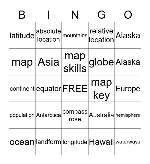 Map Skills Bingo Card