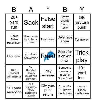 Football Bingo (For Amelia's Baby!) Bingo Card