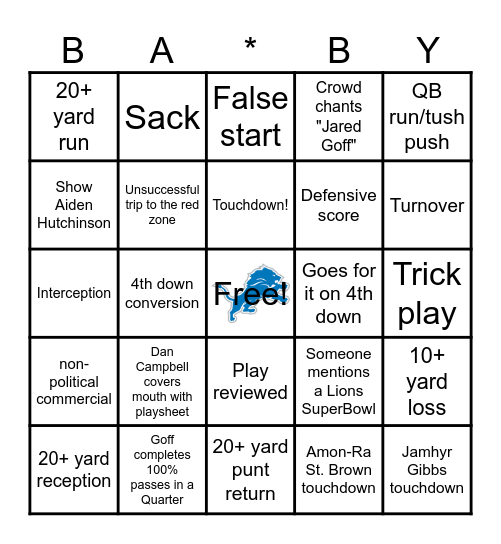 Football Bingo (For Amelia's Baby!) Bingo Card