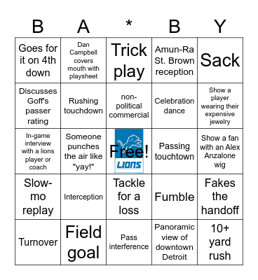 Football Bingo! (For Amelia's Baby!) Bingo Card