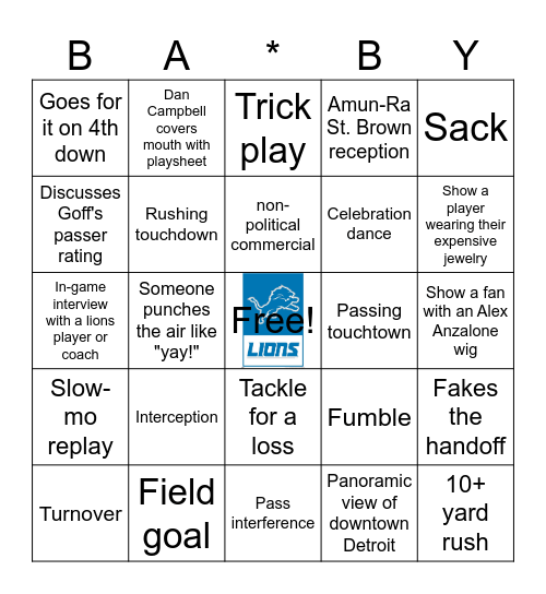 Football Bingo! (For Amelia's Baby!) Bingo Card