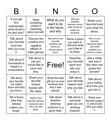 Public Speaking Bingo Card