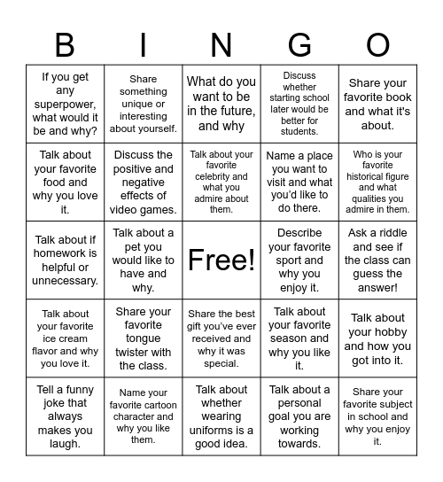 Public Speaking Bingo Card