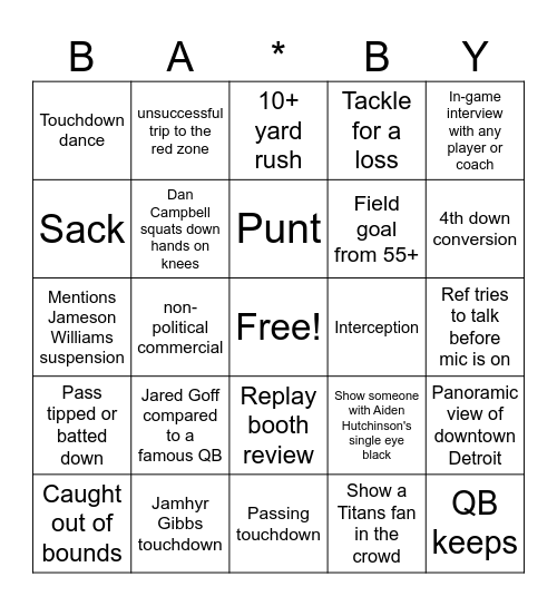 Football Bingo! (For Amelia's Baby!) Bingo Card