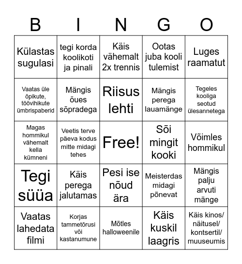 Sügisvaheaja bingo Card