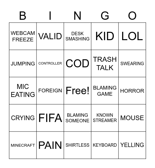 Rage Bingo Card