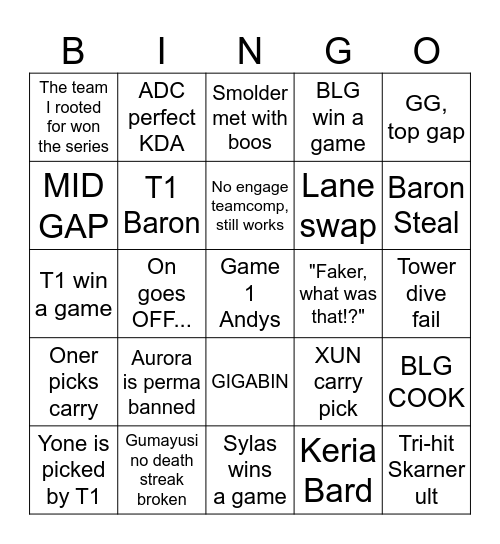 T1 vs GenG Bingo Card