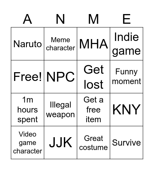 Comic con Bingo Card