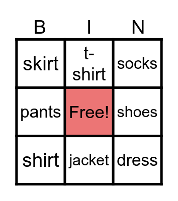 Clothes! Bingo Card