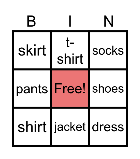 Clothes! Bingo Card
