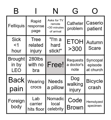 Sunday Funday ED Bingo Card