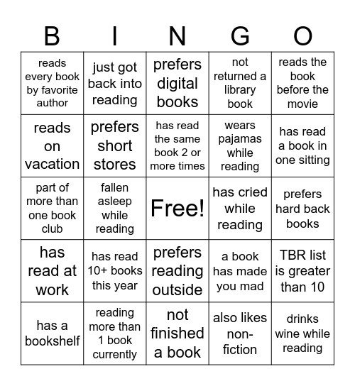 Book Club Bingo Card