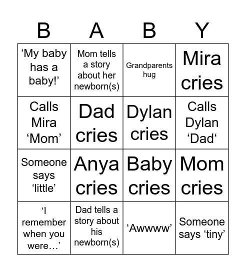 Meeting baby Bingo Card