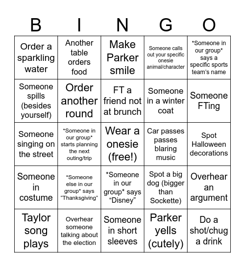 Onesie Bingo!! Bingo Card