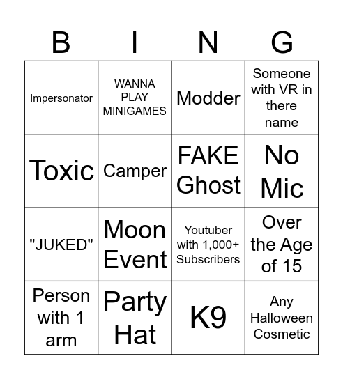 GORILLA TAG Bingo Card