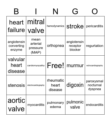 NE209 Class 4: Cardiac Disorders Bingo Card