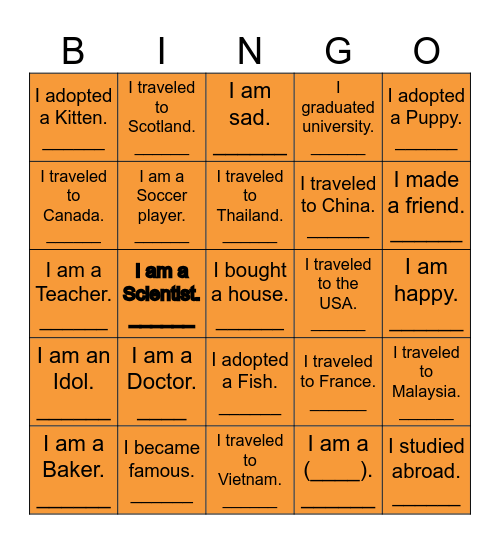 My Future Self Bingo Card