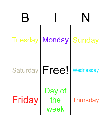 Days of the week Bingo Card