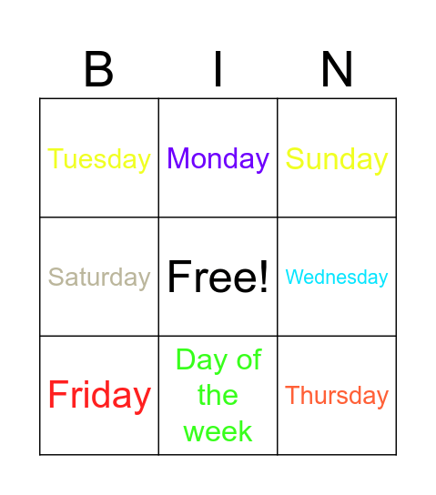 Days of the week Bingo Card