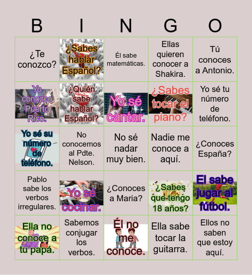 Saber/Conocer phrases Bingo Card