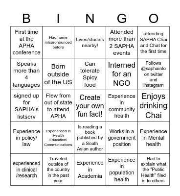 SAPHA Chai and Chat Bingo Card