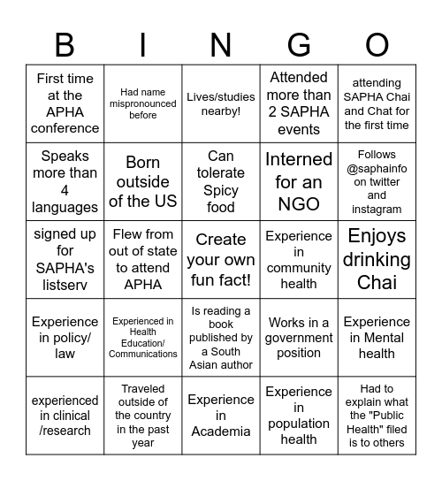 SAPHA Chai and Chat Bingo Card