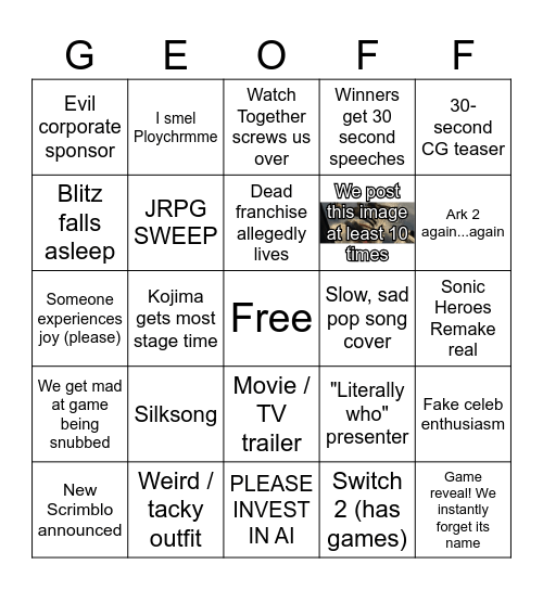 The Geoff Awards 2024 Bingo Card